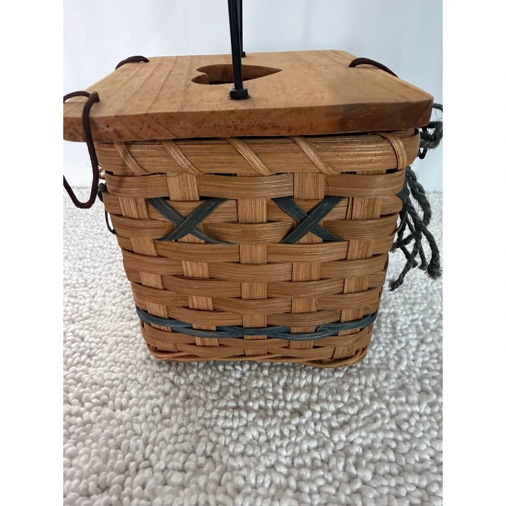 Vintage Rustic Woven Square Kleenex Basket with Wood Heart Lid and Metal Handle
